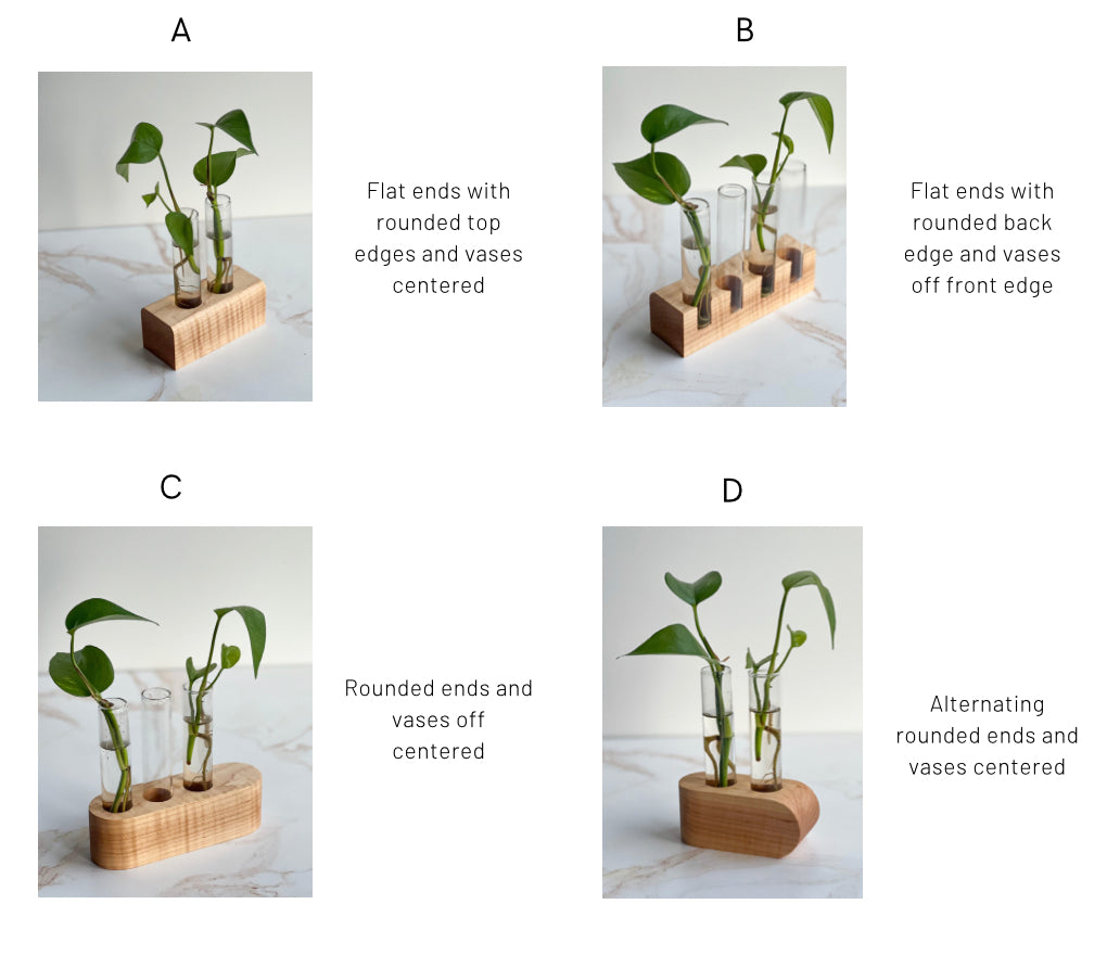 4 different versions of a handmade wooden propagation station: flat ends with rounded top edges and vases centered; flat ends with rounded back edge and vases off front edge; rounded ends and vases off centered; and alternating round ends and vases centered