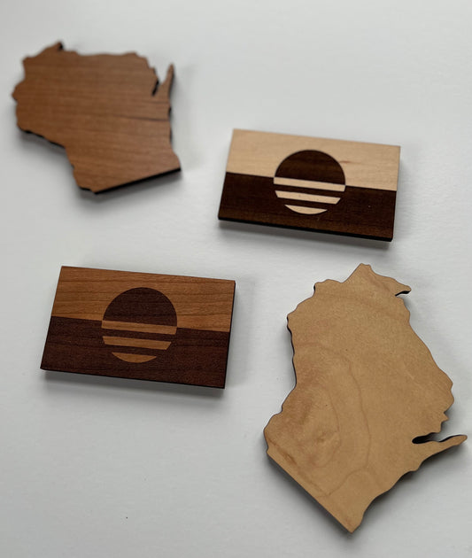 Handmade wooden magnets of the state of Wisconsin and Milwaukee, WI flag