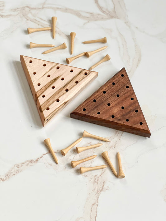 Handmade wooden board game: tricky triangle/triangle peg puzzle in dark and light wood variations