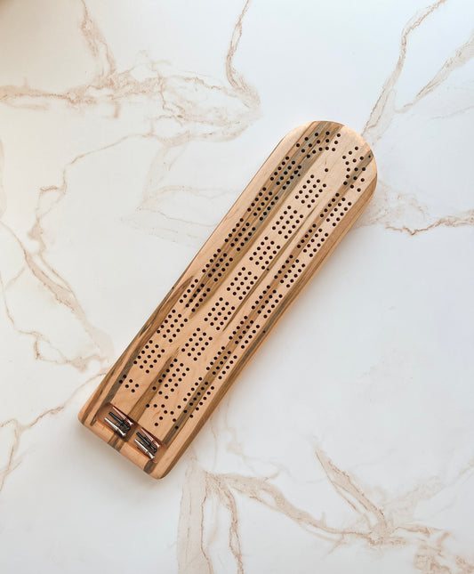 Stunning handmade wooden cribbage board with magnetic peg tray, makes an excellent Christmas gift, made by Camino Woodshop in Milwaukee, WI