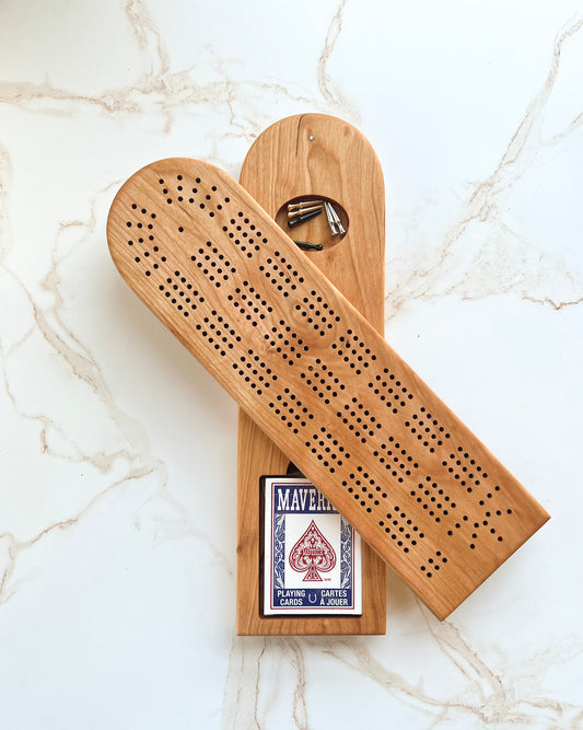 Amazing handmade, high quality wooden cribbage board with swivel top card and peg storage made by Camino Woodshop in Milwaukee, WI makes the perfect Christmas or housewarming gift
