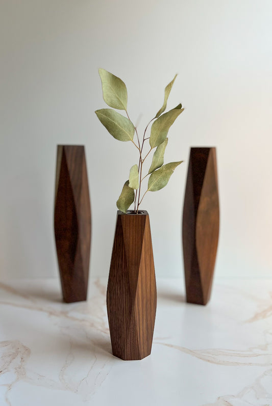 Gorgeous geometric modern dark wood bud/flower vases for your home decor handmade by Camino Woodshop